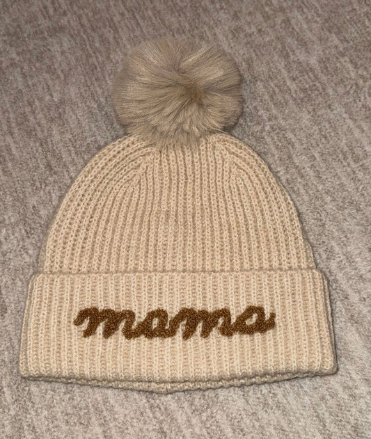 Mama Script Embroidered Pom Beanie